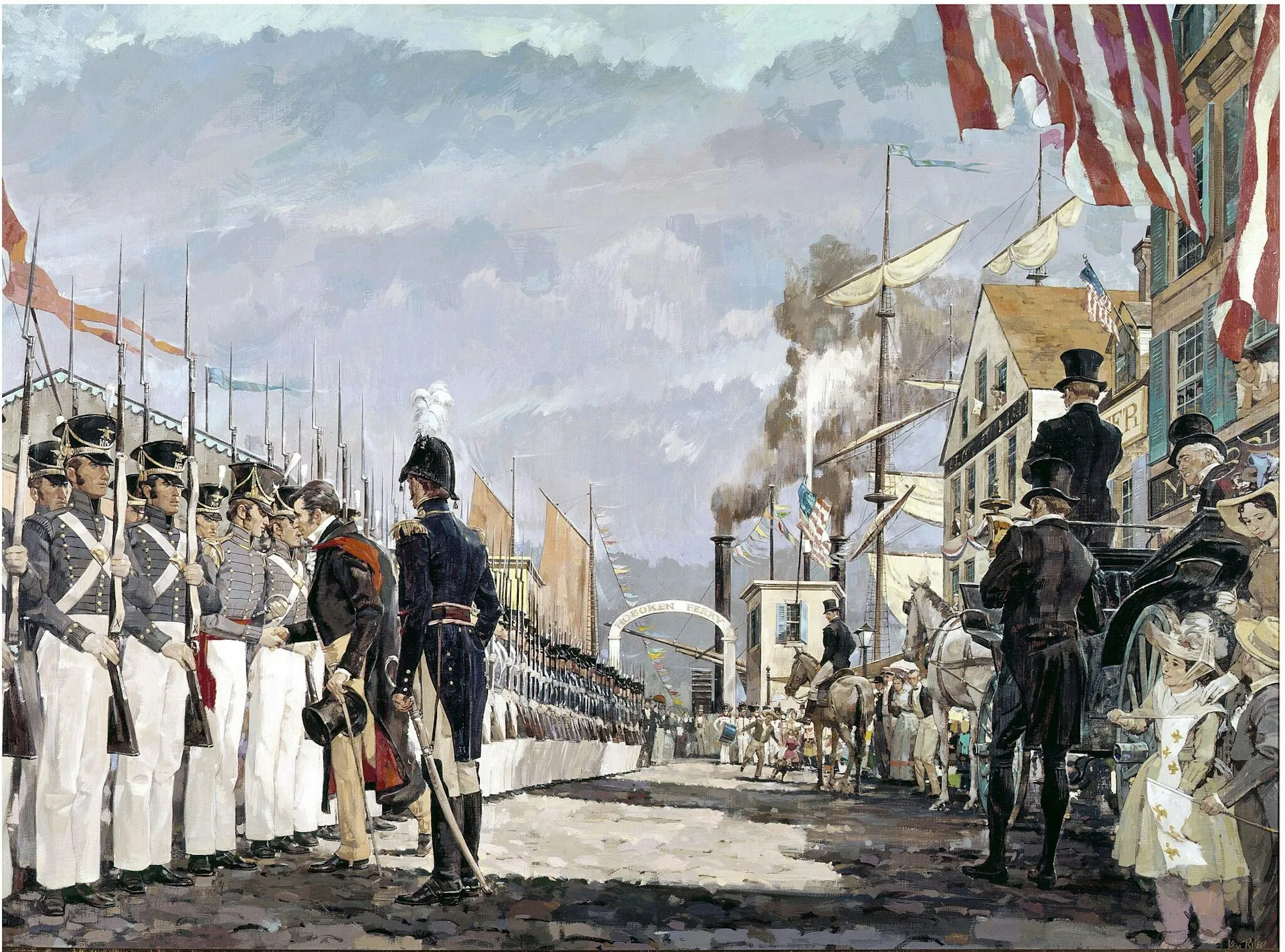 A line of men in uniform stand in formation on a street as onlookers stand nearby