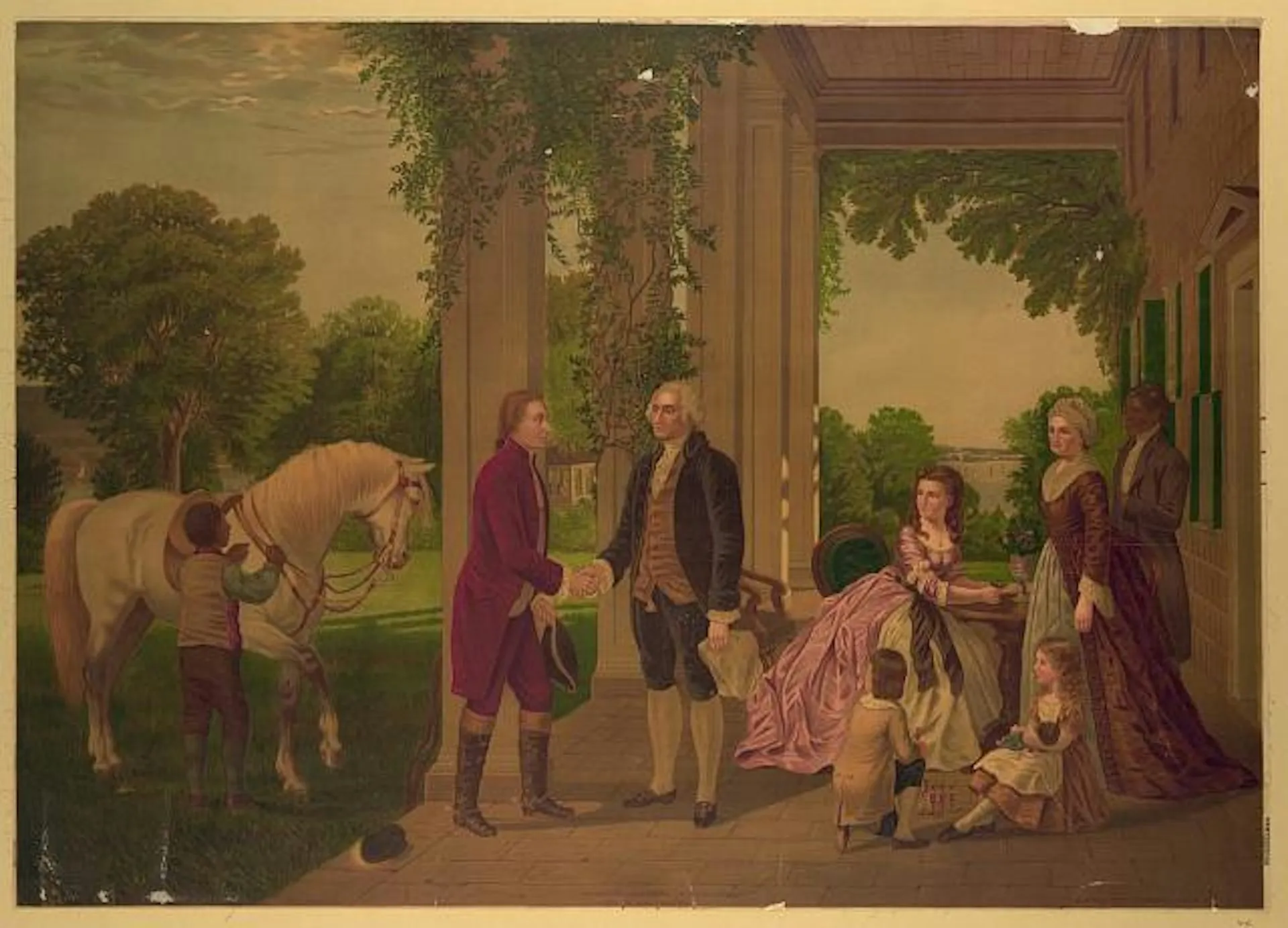 A painting of two men in jackets, breeches and stockings greeting each other on a porch as women look on