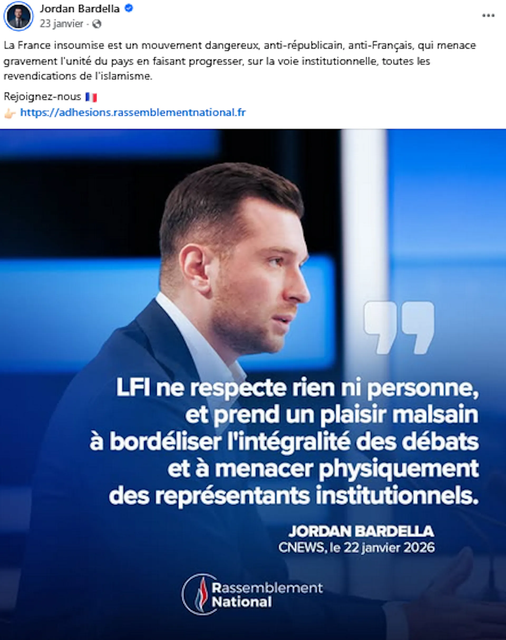 Bardella s’érige contre la menace de « bordélisation » de l’extrême gauche – 23 janvier 2026